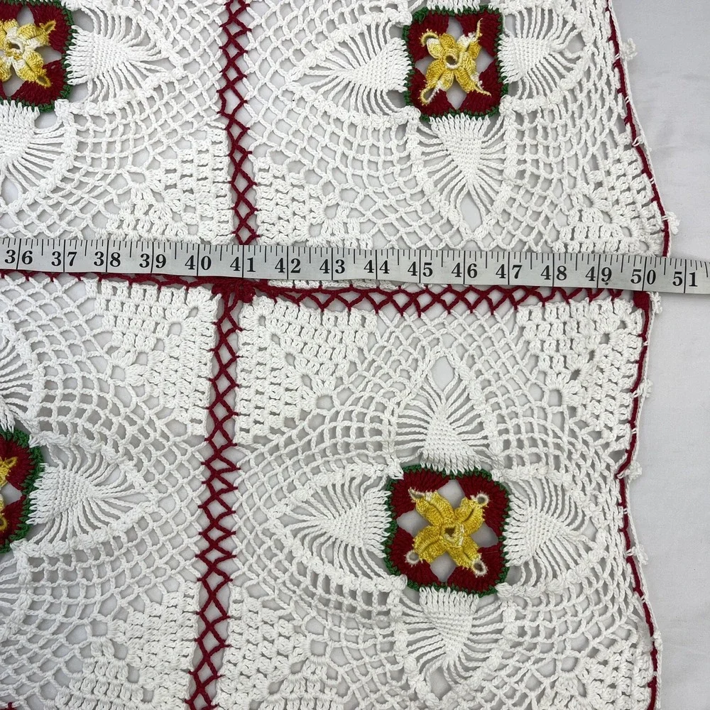 Vintage Crocheted Table Cover Squares White‎ Red 50x70 (Christmas) Gold